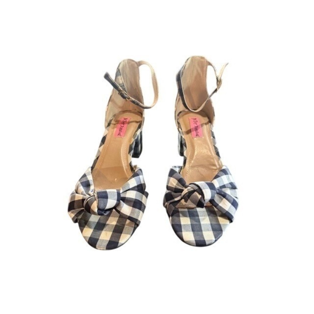 Betsey Johnson Size 7 Blue White Gingham Bow Block Heel Coquette Sandals